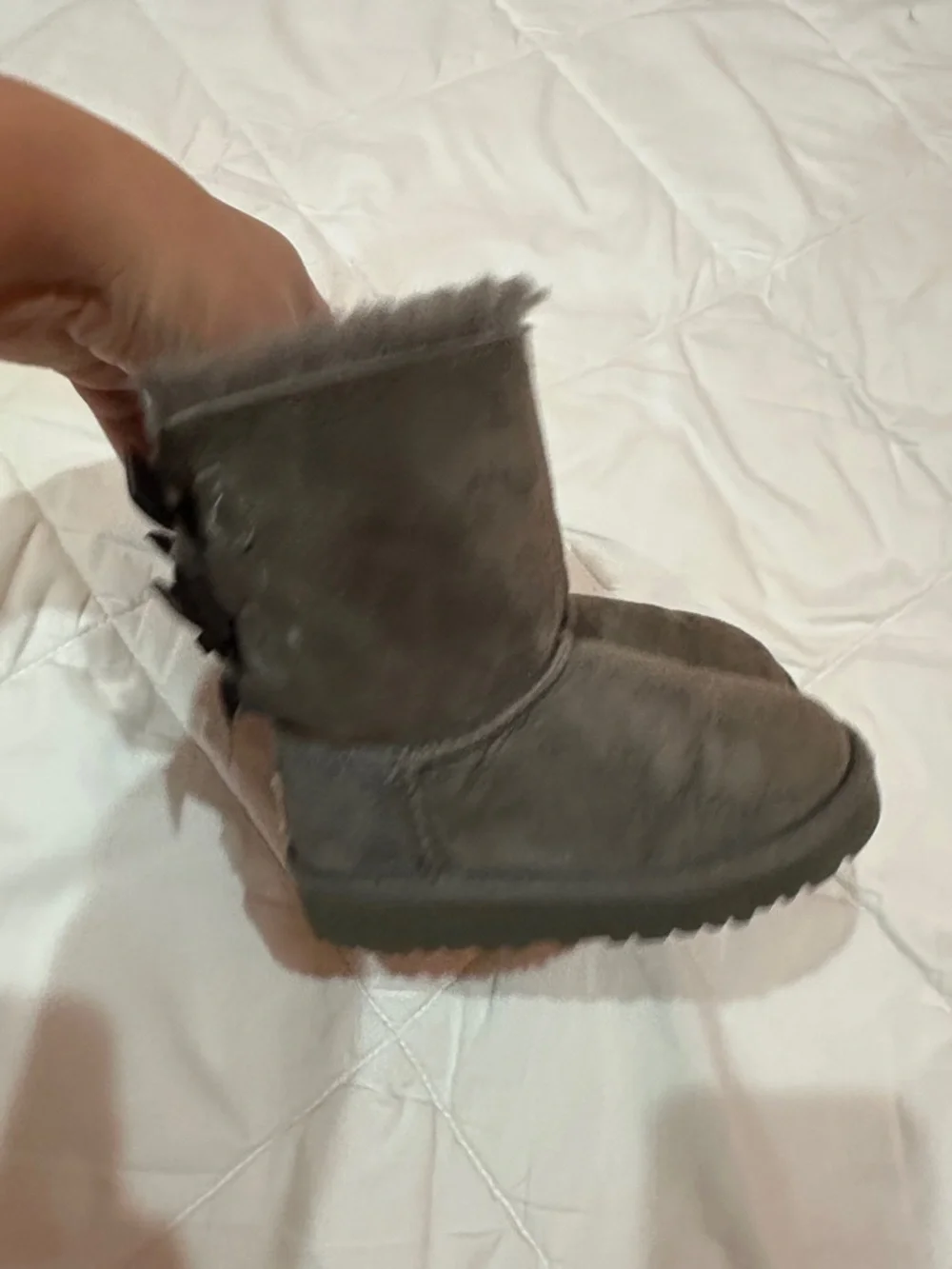 UGG Kids Gray Suede Shearling Boots with Back Bows size 7